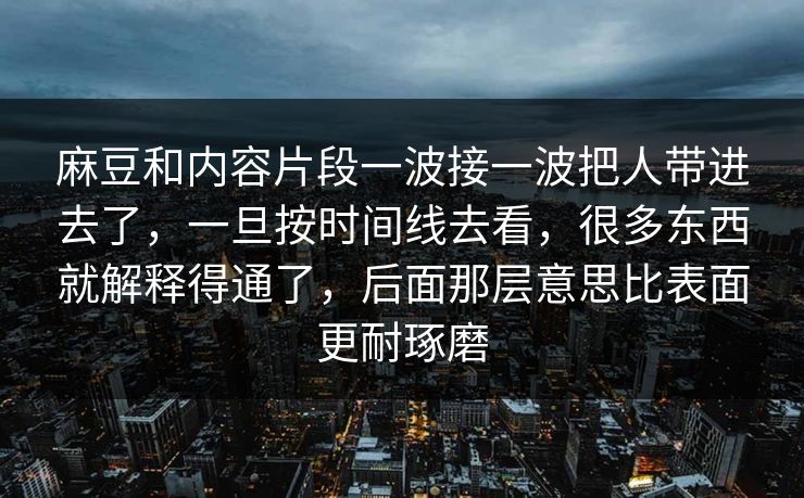 麻豆和内容片段一波接一波把人带进去了，一旦按时间线去看，很多东西就解释得通了，后面那层意思比表面更耐琢磨
